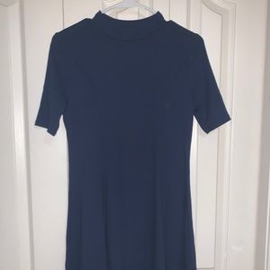 Navy short sleeve mock neck ribbed skater dress